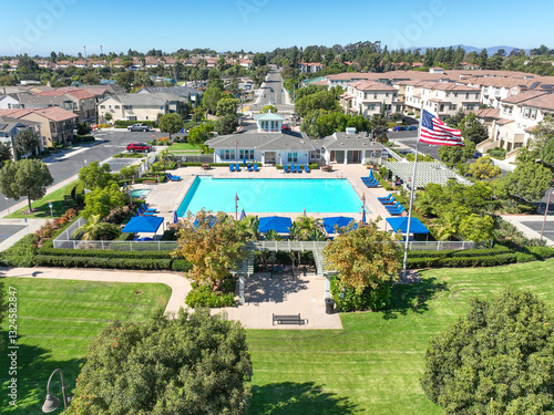 Obraz na płótnie Aerial view of middle class community identical condominium apartment, Oceanside, South California, USA. w salonie