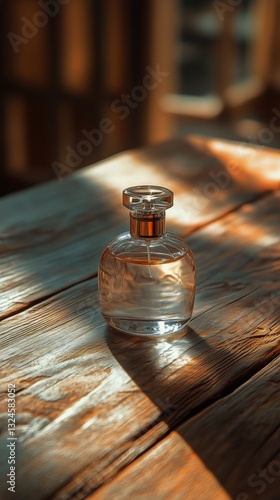 Elegant Glass Perfume Bottle Resting on a Wooden Surface in Soft Natural Ligh...