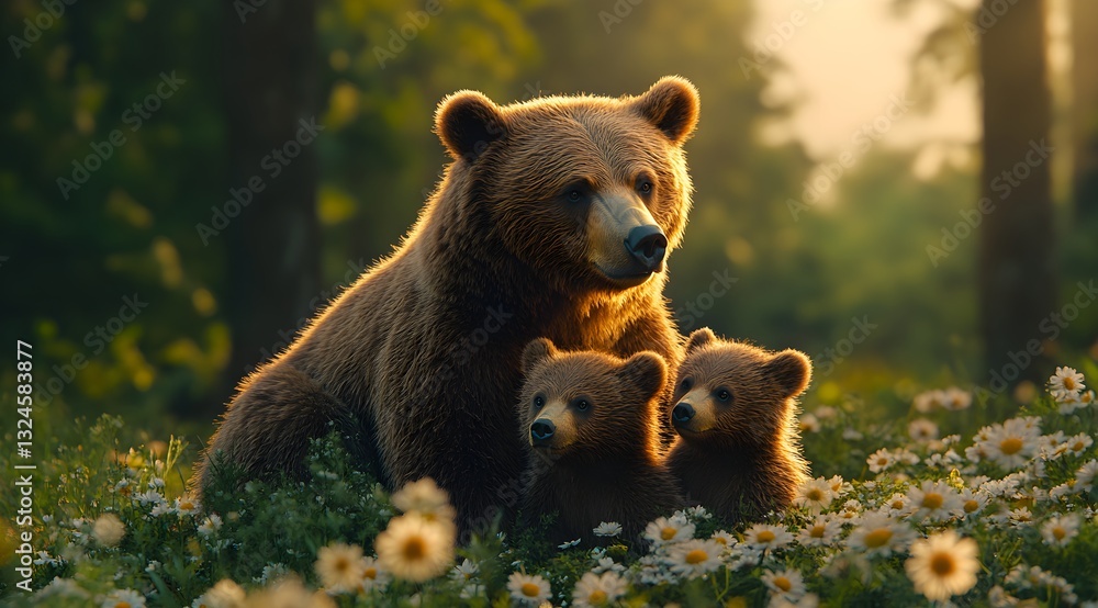 Fototapeta premium Mother Bear with Cubs in Lush Forest Surrounded by Blooming Flowers – Generative AI