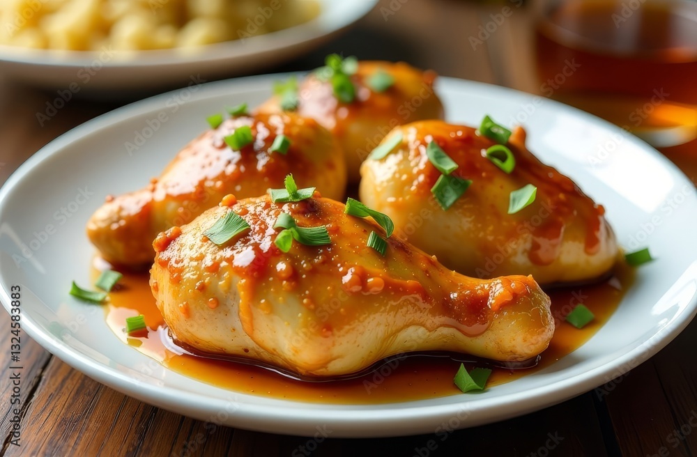 Close-up of a plate with honey-glazed chicken. A delicious and appetizing dish with a glossy, caramelized coating. Perfect for restaurant menus, food blogs, packaging, and advertisements. Close-up of a plate with honey-glazed chicken. A delicious and appetizing dish with a glossy, caramelized coating. Perfect for restaurant menus, food blogs, packaging, and advertisements.