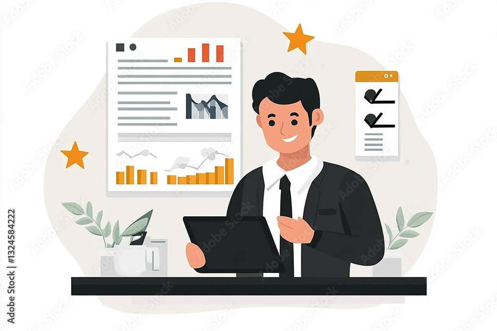 A Confident Businessman Reviewing Positive Financial Data And Project Progress, Depicted In A Clean, Modern, And Vibrant Illustration Style With Flat Design Elements A Confident Businessman Reviewing Positive Financial Data And Project Progress, Depicted In A Clean, Modern, And Vibrant Illustration Style With Flat Design Elements