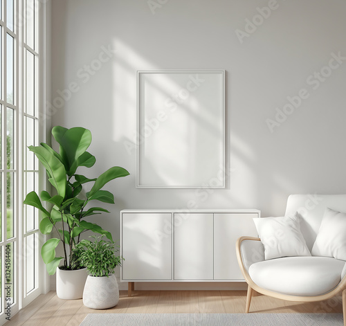 Minimalist interior with a single empty mockup poster frame on white wall, cozy modern living space with natural light