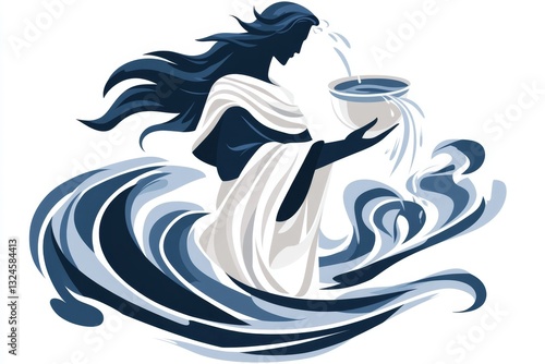 A simple drawing of an Aquarius water bearer pouring water from an urn, surrounded by wavy blue lines on a white background