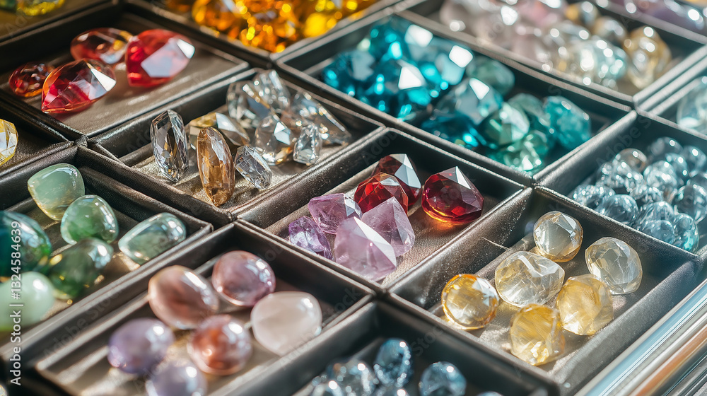 Fototapeta premium AI generator image of gemstones varying in colours, sizes and shapes kept in a jewellery box at a jewellery store with natural sunlight falling on the gemstones, focus has to be the different gemstone