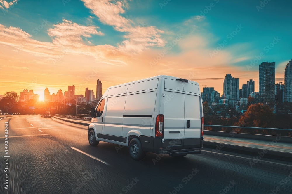 Business delivery van cruising through city at sunset Generative AI Business delivery van cruising through city at sunset Generative AI