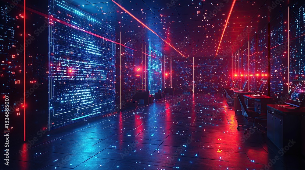Obraz premium Futuristic server room with glowing digital code on walls, red and blue neon lights, and workstations.