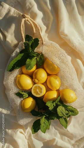 Fresh Lemons in a Woven Basket With Mint Leaves on a Light Fabric Background