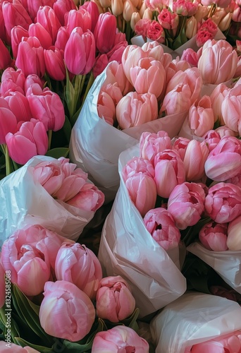 Freshly Picked Pink Tulips Displayed in Vibrant Bouquets at a Local Market