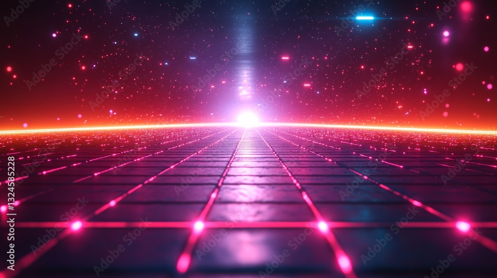 Fototapeta premium A futuristic background with neon grid lines and dark purple tones.