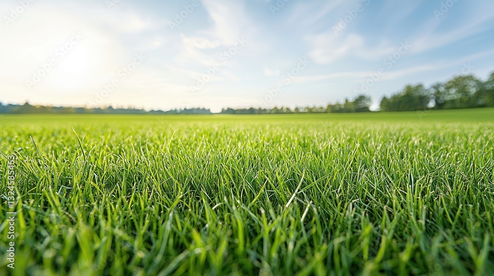 Fototapeta premium Vivid green grass carpet stretching out in a picturesque countryside landscape under a bright blue sky with fluffy white clouds A serene tranquil and natural scene evoking feelings of peace and calm