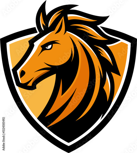 Aggressive stallion head logo on shield, vector illustration