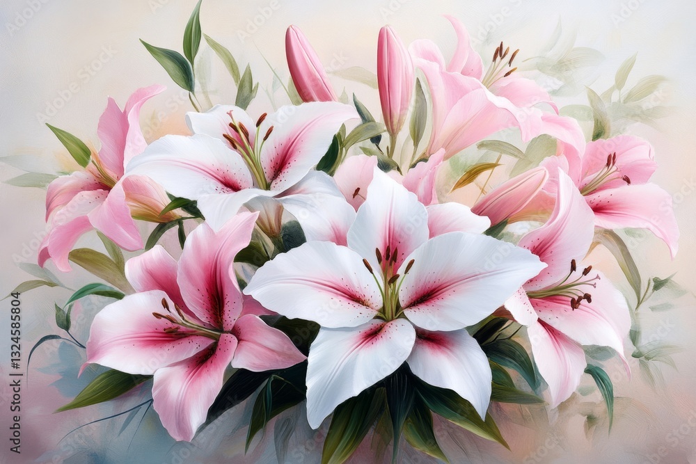 A soft watercolor painting of a bouquet of lilies in pastel tones, with delicate brushstrokes and a light, airy composition A soft watercolor painting of a bouquet of lilies in pastel tones, with delicate brushstrokes and a light, airy composition