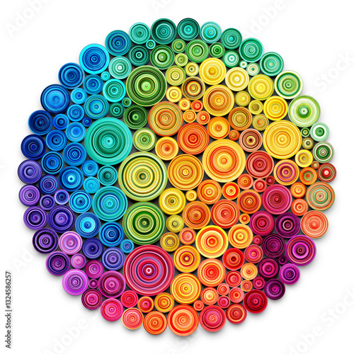 Colorful lively rainbow paper quilling art in circular shape. Creative handmade filigree paper craft hobby diy artwork. Vibrant circle banner created using the quilling technique. Vector illustration