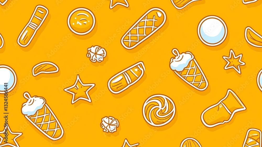 Seamless pattern with sweets floating against yellow, for wallpaper/gift wrap or textile design Seamless pattern with sweets floating against yellow, for wallpaper/gift wrap or textile design