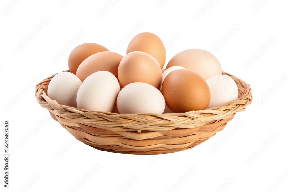 A charming wooden table with a basket full of mixed-size eggs, isolated on white background A charming wooden table with a basket full of mixed-size eggs, isolated on white background