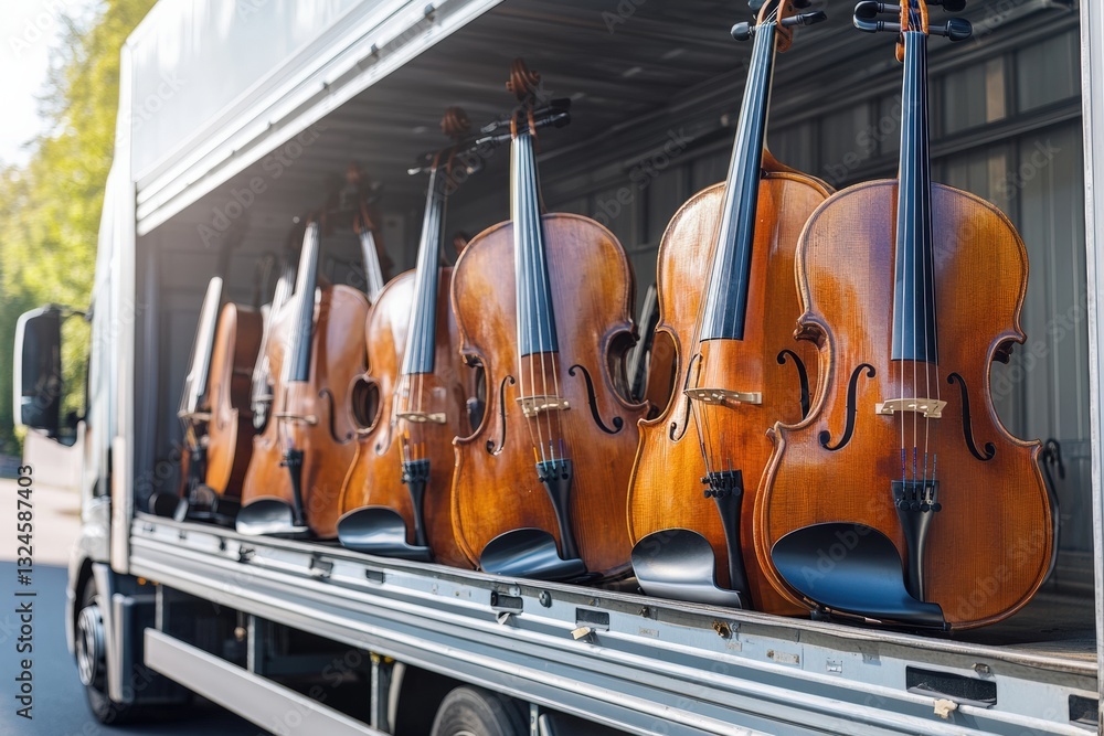 Naklejka premium Temperature controlled truck transports musical instruments for concert Generative AI