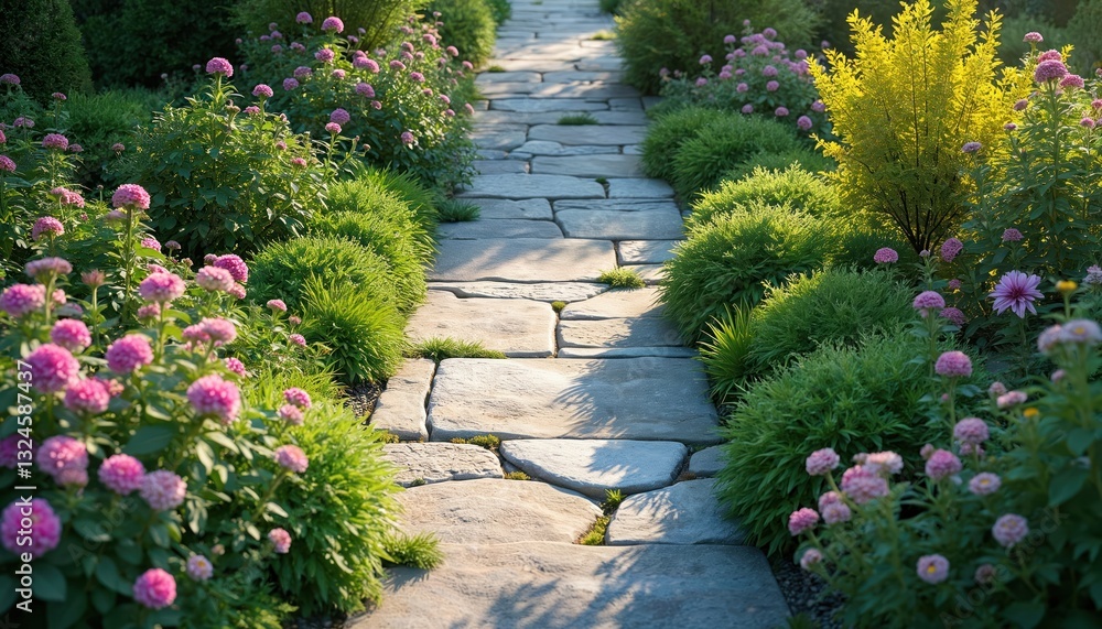Obraz premium Stone walkway path winds through lush garden landscape. Pink flowers and vibrant green plants line the pathway. Landscaped backyard offers tranquil retreat and ornamental beauty in summer sunlight.