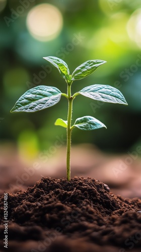 New Plant Sprouting From Rich Soil Under Soft Diffuse Sunlight in a Vibrant E...