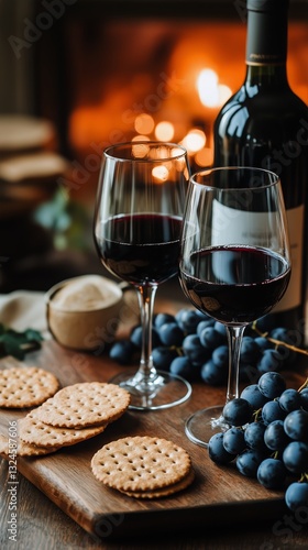 Elegant Wine and Cheese Pairing With Fresh Grapes and Crackers by a Cozy Fire...