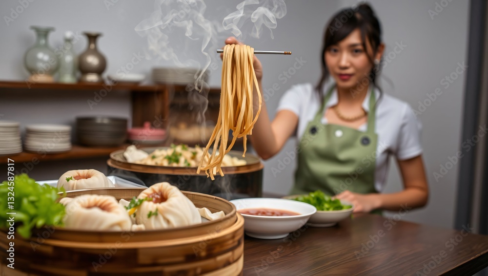 Asian Woman Chef Preparing Delicious Steamed Dumplings and Noodles in a Restaurant Kitchen Asian Woman Chef Preparing Delicious Steamed Dumplings and Noodles in a Restaurant Kitchen