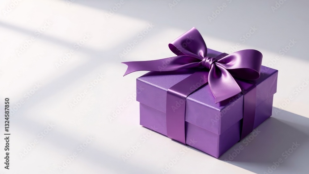 Fototapeta premium A luxuriously wrapped purple gift box with a satin ribbon bow, bathed in soft sunlight, awaits its recipient.