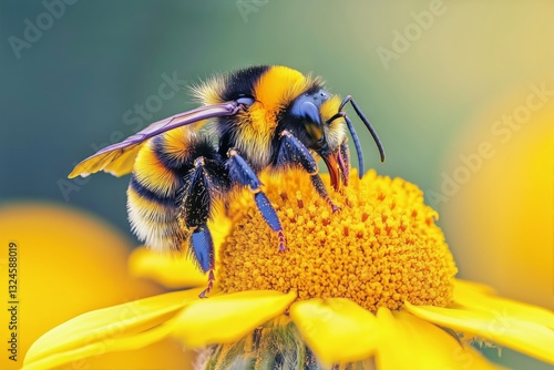 Bumblebee Collecting Nectar From Vibrant Yellow Flower in a Sunny Garden Setting