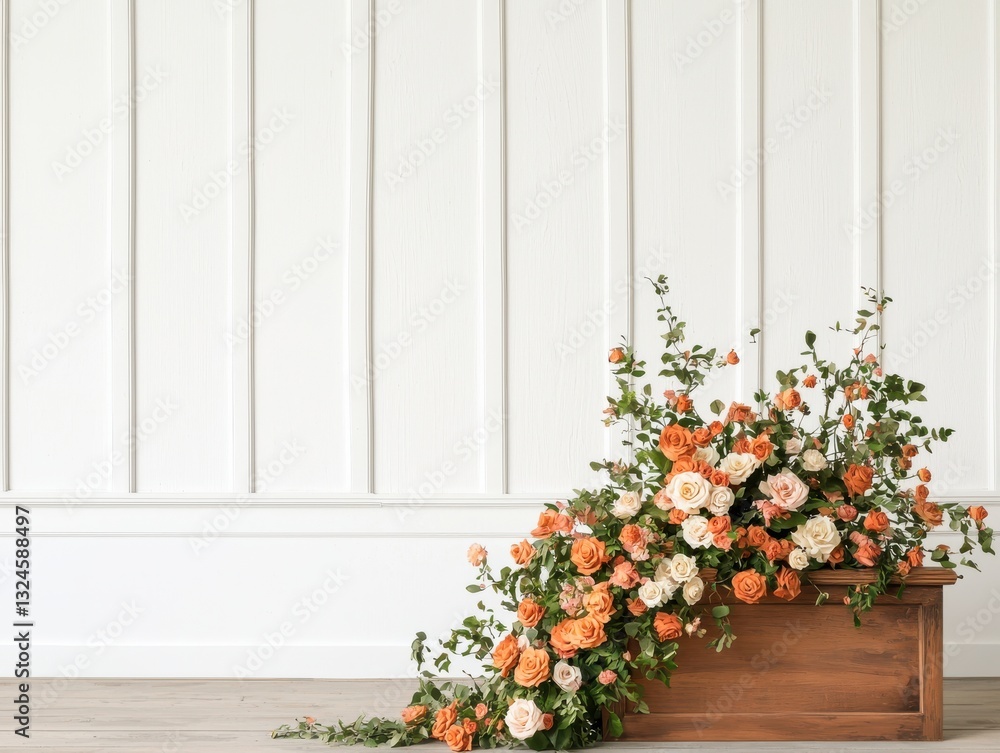 Naklejka premium Beautiful floral arrangement in shades of orange and cream roses cascading from a wooden box, event decor.