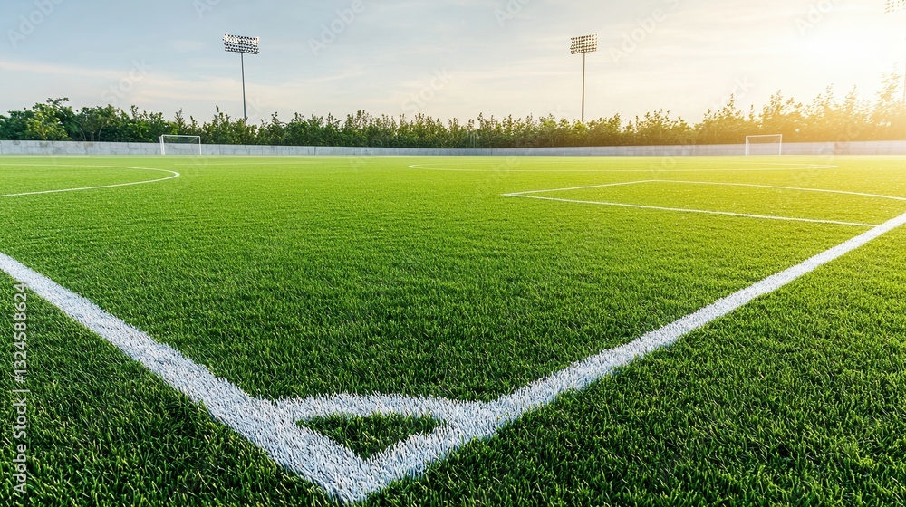 A beautifully maintained sports field with vibrant green turf crisp white boundary lines and stadium lights in the background