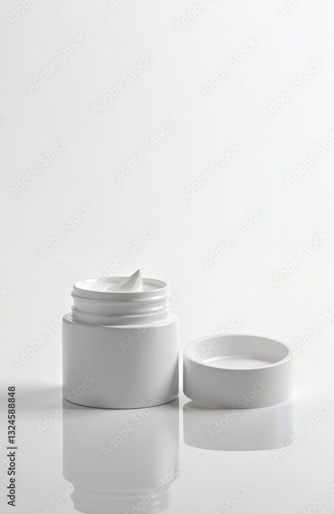 Open empty white jar of cream stands on glass with reflection. Cosmetic layout with copy space. Cosmetology rejuvenation mockup. Beauty product blank branding template. Bodycare dermatology design Open empty white jar of cream stands on glass with reflection. Cosmetic layout with copy space. Cosmetology rejuvenation mockup. Beauty product blank branding template. Bodycare dermatology design