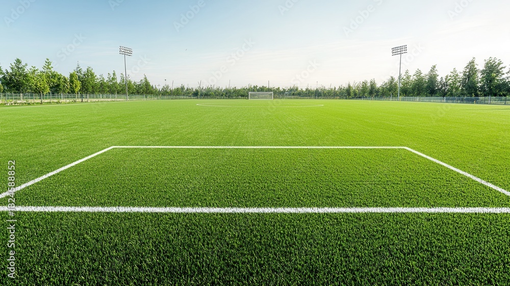 This image showcases a pristine well maintained sports field covered in lush vibrant green turf The field is surrounded by a spacious outdoor environment