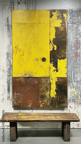Abstract Composition With Vibrant Yellow and Earthy Tones on Textured Canvas ...