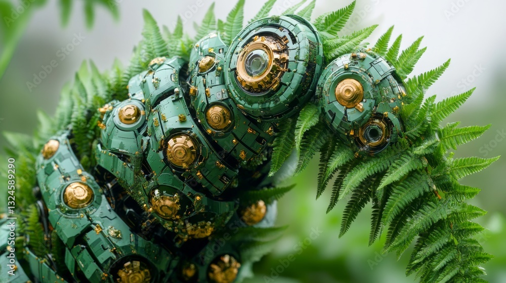 Fototapeta premium Futuristic robotic caterpillar with green metallic armor and gold accents, seamlessly integrated with lush fern leaves. A perfect blend of nature and advanced technology in a biomechanical ecosystem.