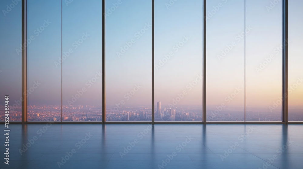 Fototapeta premium vast expanse of panoramic glass overlooks urban skyline during golden hour illuminating sleek architecture with warm