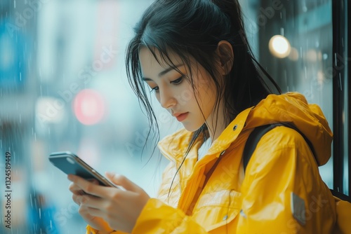 Young Woman in Yellow Jacket Checking Smartphone While Waiting Indoors in Winter