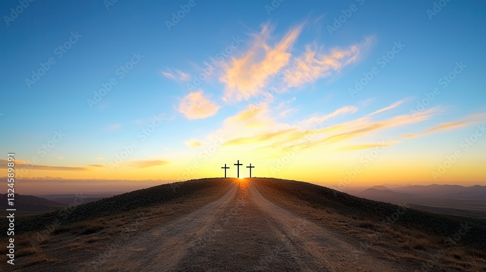 Naklejka premium Three illuminated crosses stand majestically on a distant hill silhouetted against a vibrant sunset sky This serene and symbolic landscape evokes a sense of faith contemplation