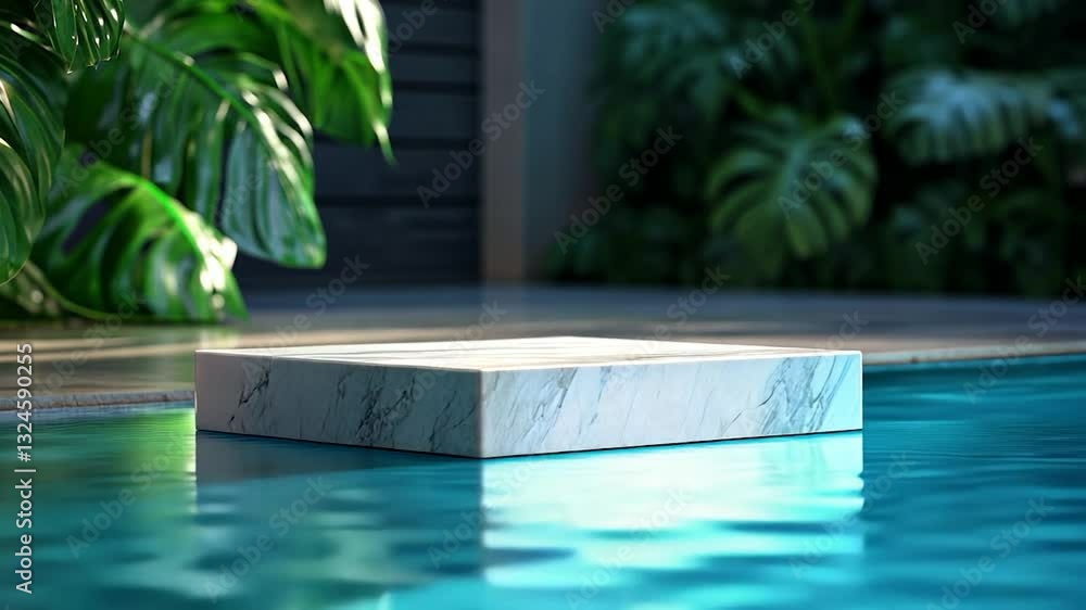 Marble platform by a pool, lush plants