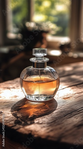 Elegant Glass Perfume Bottle Resting on a Wooden Surface in Soft Natural Ligh...