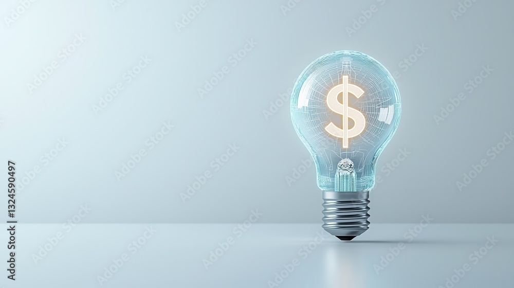 A futuristic and visually striking 3D rendered lightbulb with a luminous dollar sign symbol representing the potential for financial growth and success