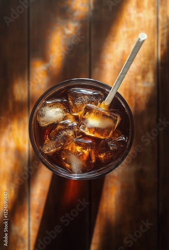 Enjoying a Refreshing Iced Beverage in Warm Sunlight on a Wooden Table