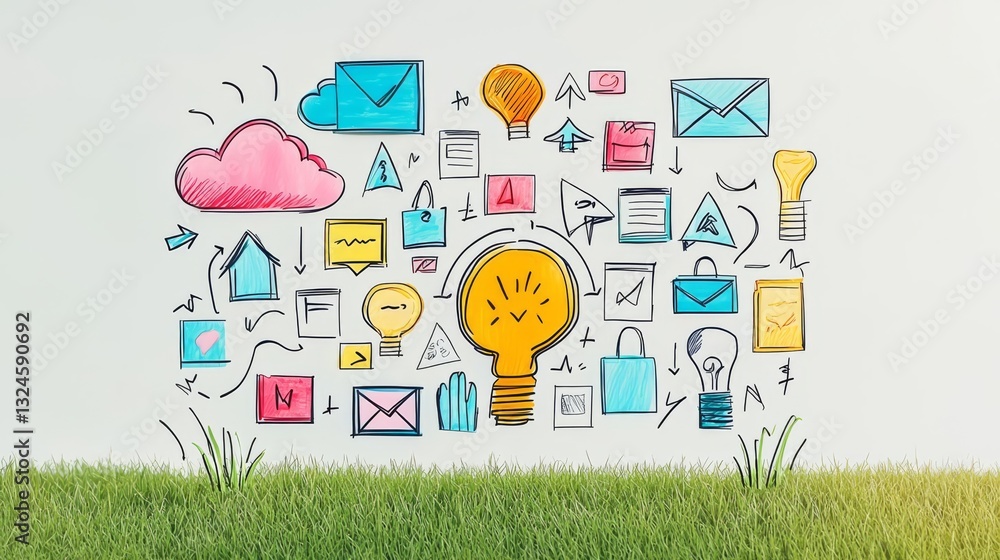 Obraz premium Creative doodles representing communication and ideas in a vibrant environment.