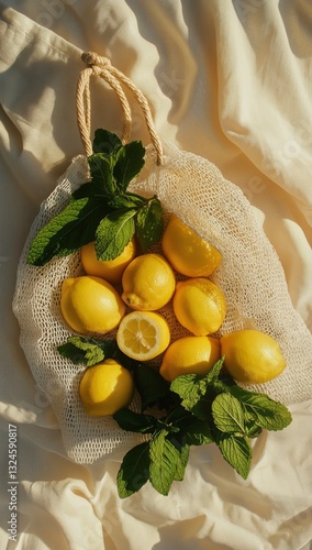 Fresh Lemons and Mint Leaves in a Natural Burlap Bag on a Soft Fabric Surface