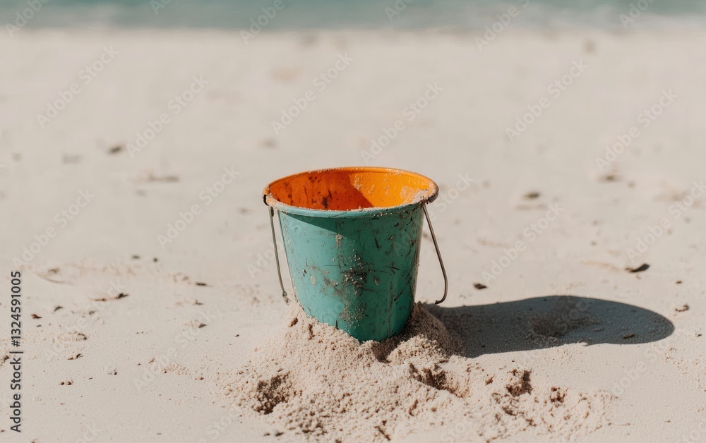 Teal and Orange Plastic Bucket on Sandy Beach Teal and Orange Plastic Bucket on Sandy Beach
