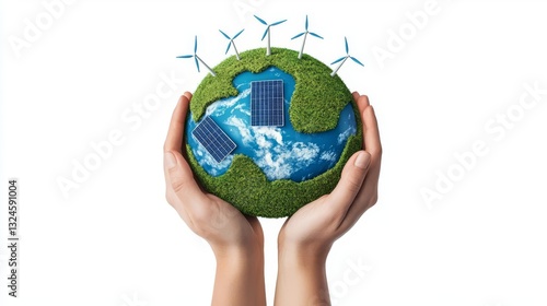 Hands holding a green planet with solar panels and wind turbines symbolizing sustainability.