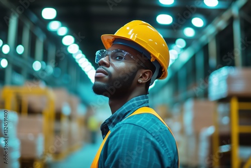Confident Worker in Safety Gear Stands in a Well-Lit Industrial Facility