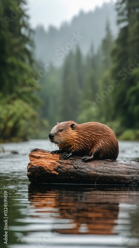 Beaver Resting on Log by Calm River Under Cloudy Sky in Forested Area