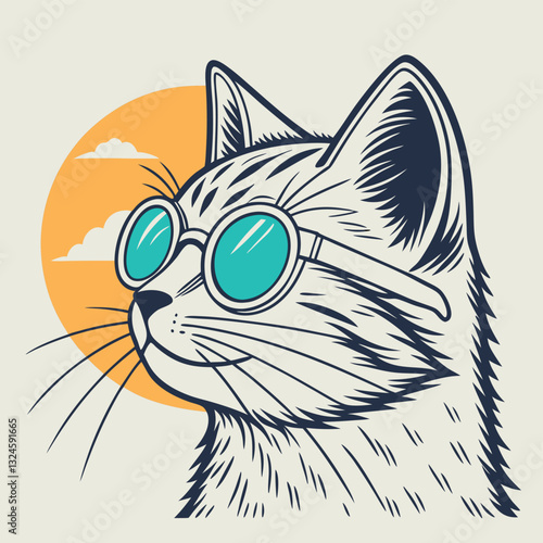 "Star Sunglasses Cat" T-Shirt Design - Cool and Retro Feline Graphic with Star Shades for Cat Lovers Seeking Fun, Playful, and Stylish Pet Apparel with a Touch of Whimsy