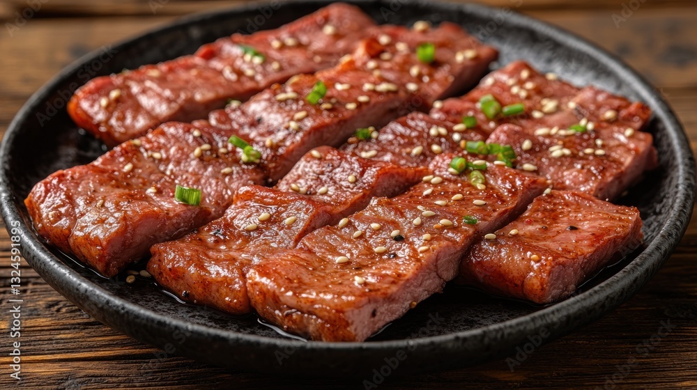 Grilled beef slices on dark plate, wooden table background Grilled beef slices on dark plate, wooden table background