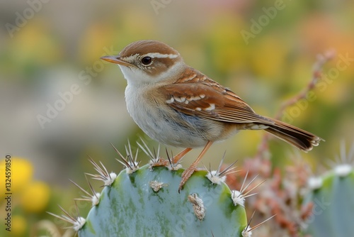 Bird Sitting on Cactus While Sunlight Highlights Its Feathers in a Desert Set...