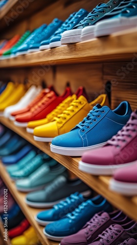 Colorful Sneakers Displayed on Wooden Shelves in a Retail Store