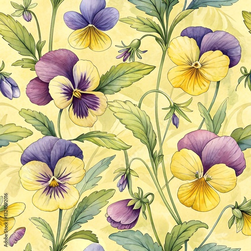 Wallpaper Mural seamless pattern watercolor pansy flowers, floral background violet, yellow blossoms botanical textile wallpaper design
 Torontodigital.ca